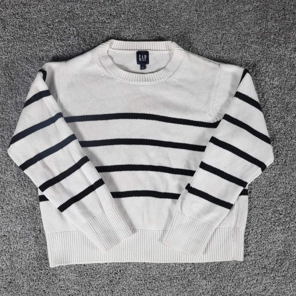 GAP Women's Large Black White Striped Crewneck Knit Sweater Pullover